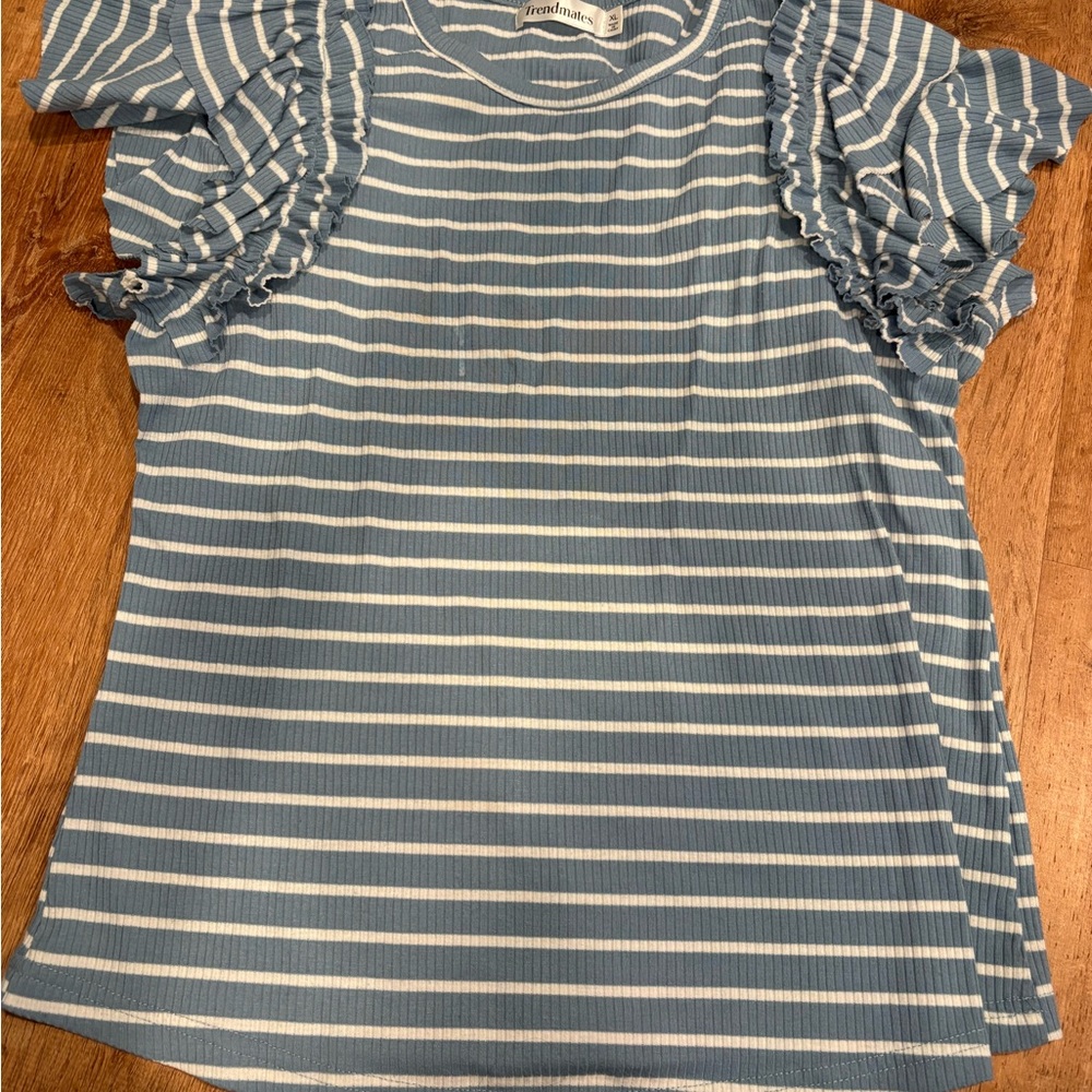Blue & White Striped Ruffle Sleeve Top by
